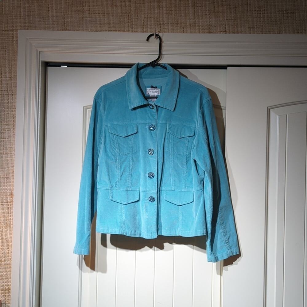 Live a Little Cotton Stretch Turquoise Corduroy Embellished Button Jacket Sz XL